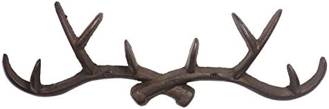KiaoTime l Vintage 14" Rustic Cast Iron Deer Antlers Wall Mounted Coat Hooks, Shabby Chic Coat Rack, Key Holder, Hat Hanger, Bath Room Wall Hanger (Rusty Brown)