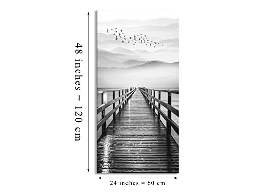 Lake Wall Art for Aisle Corridor, Black and White Pier with Birds Flying Canvas Prints Decor, Vertical Wharf Mountain landscape by Piy Painting - Used condition - CA$89.97
