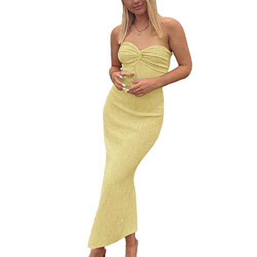 Image of WFHFNJW Women Sexy Twist Knot Front Ribbed Knit Bodycon Bandeau Tube Dress Casual Solid Strapless Maxi Long Dress