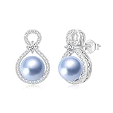 BAMIKI S925 Sterling Silver Infinity Pearl Earrings Stud for Women, Genuine Quality 8-8.5mm Round Saltwater Cultured Blue Pearls, Hypoallergenicity Jewelry Gifts for Mother Wife Bridal