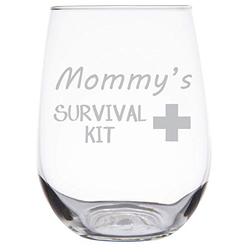 Personalized Mommy's Survival Kit Funny Wine Glass, 17 oz Engraved Stemless Wine Glass for Mother's Day Gift, Gift For Mom, Sister, Friend - SG13