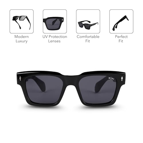 Image of MOONX Horizon UV Protected Rectangular Sunglasses for Men & Women | Black PC Frame | Black Lens | Stylish Unisex Eyewear for Driving, Travel & Casual Outings