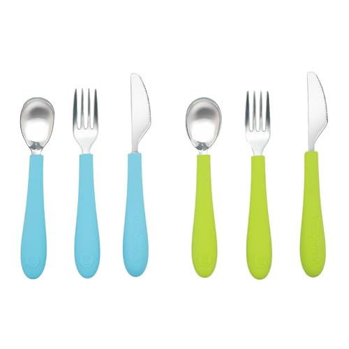 Image of Kids Stainless Steel Utensils Set - Premium 18 /8 Grade Silverware Kit - 2 Spoons, 2 Forks, and 2 Knives for Ages 4-7 - Silicone Easy-Grip Handles - Children Flatware Cutlery (Bright - Blue, Green)