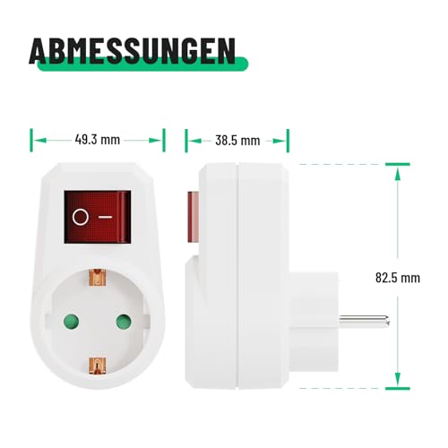 greate 3x Schaltbare Steckdose mit Schalter 1fach - Schuko Steckdosenschalter 2 polig, Zwischenstecker mit Schalter, Stecker mit Schalter, Steckdosen mit Ausschalter, Steckdosenadapter mit Schalter