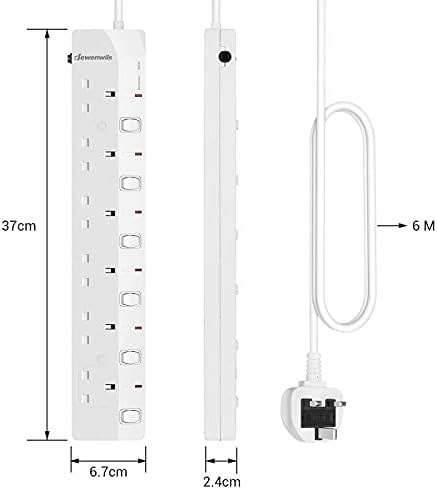 DEWENWILS 6 Way Surge Protected Extension Lead with Individual Switches and Indicator Lights, 3 Meters Extension Cable, 13Amp 6Gang Power Strip Lead, White