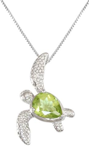 Sterling Silver Peridot Birthstone Turtle Necklace Pendant With 18" Box Chain