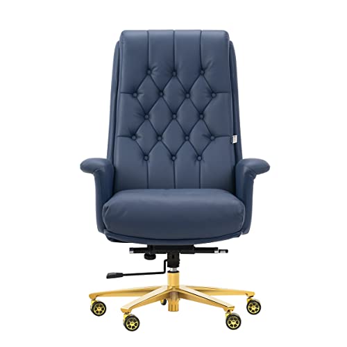 Kinnls Cellier Executive Office Chair With Massage Throne Chair Modern Genuine Leather Managerial Big High Back 360° Swivel Chair With Arms,Adjustable Tilt Angle,Capacity 400Lbs (Cowhide Leather-Blue) #TOP7
