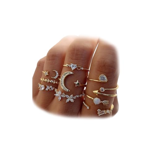 KISS WIFE Gold Stackable Moon Star Knuckle Rings Set for Women, Boho Dainty Lightweight Stacking Rings, Vintage Midi Rings Pack, Trendy Jewelry (Gold-Moon Star)