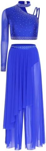 TSSOE Lyrical Dance Costumes for Women Sparkly Rhinestone Crop Top with Flowy Pants Contemporary Costumes Royal Blue XX-Large - 1