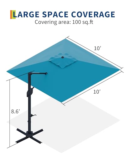 Large Cantilever Patio Umbrella, 10' X 10' Heavy Duty Aluminum Cantilever Offset Outdoor Umbrella with 360-Degree Rotation for Backyard, Deck, Pool, Turquoise Blue