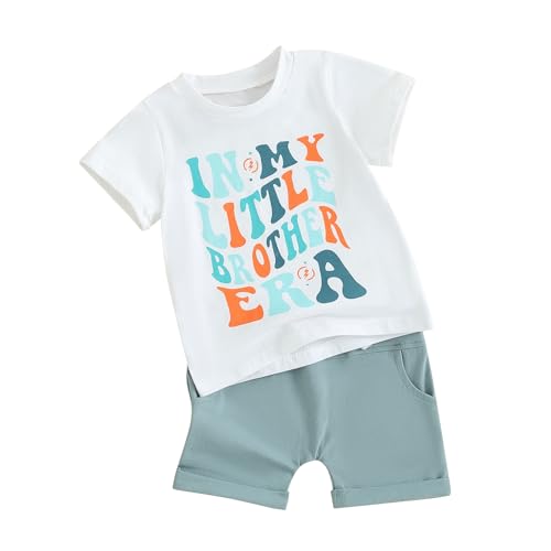 CHAUKAREAUL Big Brother Little Brother Matching Outfits Letter Print Crewneck Short Sleeve Shirt Tops Shorts Set (Blue Little Brother, 12-18 Months)