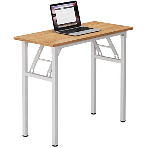 Image of Need Small Computer Desk 31.5 in Folding Home Office Table Teak | White Frame Writing Gaming Work Table /Sturdy Foldable Study Table for Small Space /Dormitory, No Assembly Required