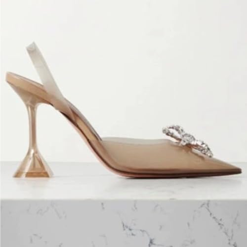 FYS Women Slip on Pointed Toe Slingback Crystal Pumps Special Clear High Heel Dress Sandals Rhinestones Bow Wedding Party Shoes Size 4-15 US3