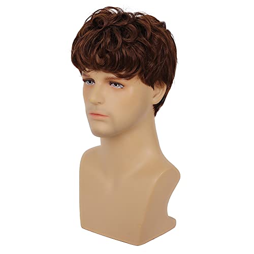 Baruisi Mens Brown Wig Short Curly Layered Cosplay Wig Synthetic Halloween Hair Wig With Wig Cap #TOP3
