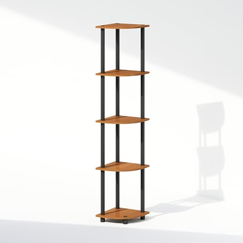 Image of Furinno Turn-N-Tube Storage Shelves, 5-Tier Book Shelf, Corner Shelf, Toolless Open Shelves, for Organization and Storage, Living Room, Home Office, Hallway, Bedroom, Light Cherry
