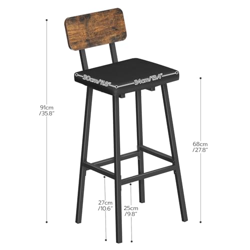 HOOBRO Bar Stools Set of 2, PU Upholstered Breakfast Bar Stools, Industrial Barstools with Backrest and Footrests, Bar Chairs for Kitchen, Dining Room, Bar, Rustic Brown and Black EBF84RBY01G2
