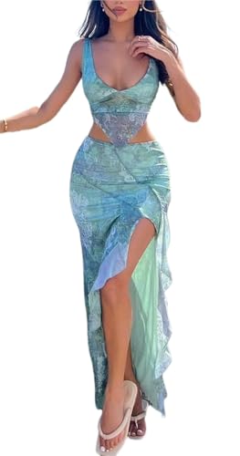 Sexy Two Piece Outfits for Women Summer Deep V Neck Print Spaghetti Strap Tank Top Split Maxi Skirt Set Green