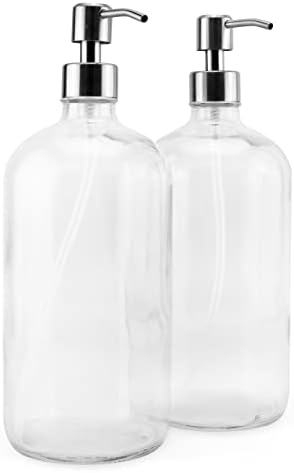 Cornucopia 32oz Glass Pump Bottles with Stainless Steel Pump (2-Pack, Clear); Economy Size Soap Dispenser for Massage Oils, Lotions, Liquid Soaps