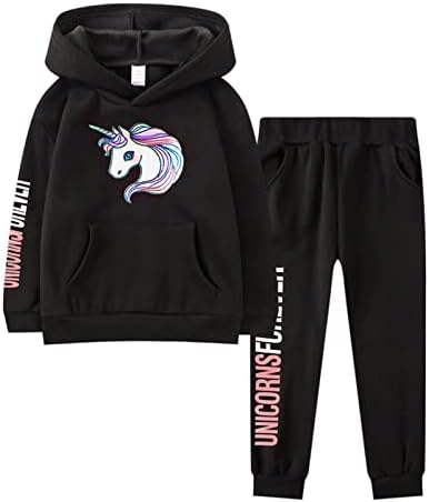 Girls Unicorn Clothing Sets Long Sleeve Hooddie Tops Pants Tracksuit 2 Piece Set Winter Outfit Unicorn Black 9 Years