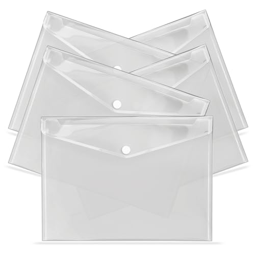 G4GADGET A4 Clear Plastic Wallets Pack of 5 Popper Document Folders with Label Pocket & Snap Button Multicolored Plastic Envelope for Home Office School & Travel