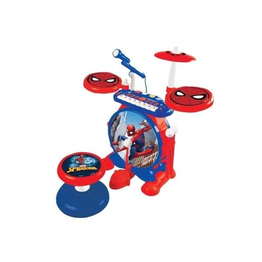 LEXIBOOK Spider-Man Batería Electrónica para niños, Sonido Realista, Teclado de 8 Notas, Enchufe mp3, Asiento incluida, Azul/Rojo (K610SP)
