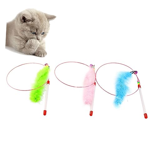 POPETPOP 3 Pcs Steel Wire Cat Teaser Wand with Colorful and Plastic Handle Interactive Cat for Indoor Play Engaging Kitten Wand with Bell Random Mixed Colors for Active Pets Random Color