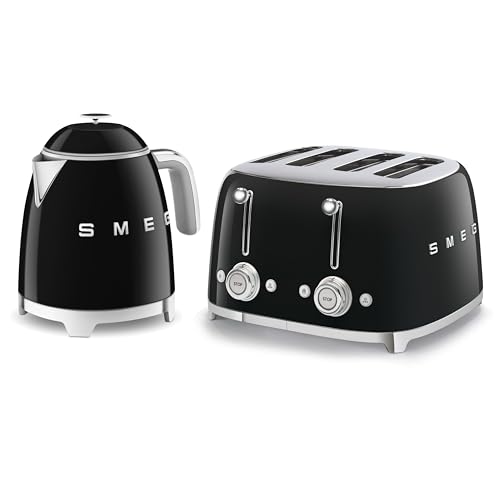 Smeg 50s Style Retro Range Breakfast Set 0.8L 1400W Mini Kettle and Multi-Functional Control 4-Slice 2000W Toaster Black KLF05BLUK/ TSF03BLUK