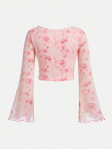 Verdusa Girl's Floral Print Square Neck Lettuce Trim Long Bell Sleeve Ruched Tee Top2