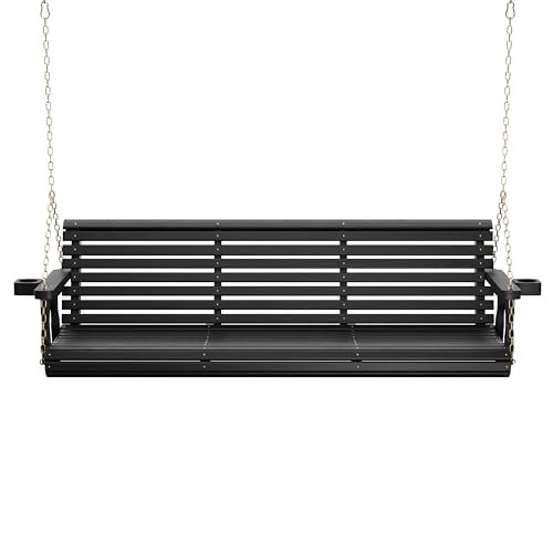 Image of Amish Casual Heavy Duty 700 Lb Capacity Porch Swing with Cup Holders (6 Foot, Semi-Solid Black Stain) - Wooden Outdoor Roll Back Swing with Hanging Chains - Amish Made in the USA