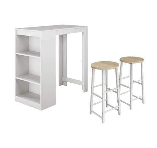 MB Muebles Bonitos | Mesa Alta Bar con 2 Taburetes Kyra | Barra Cocina de Estilo Moderno con 3 Estantes | Melamina Mate | Color Blanco | 110x103x50 cm