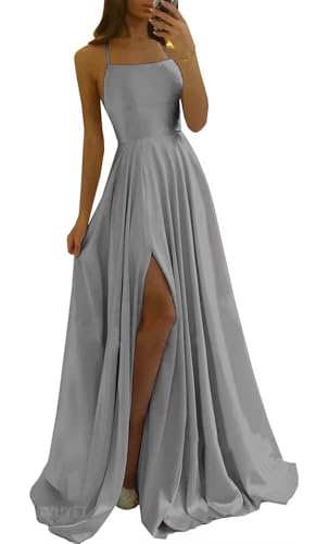 Image of Tvuyet Satin Prom Dresses Long with Pockets Spaghetti Straps A Line Bridesmaid Dresses with Side Slit Ball Gown