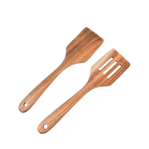 2 Pezzi Spatole da Cucina in Legno, Mestoli Legno Massiccio Resistenti al Calore, Utensili Cucina Antiaderenti con Scanalature, Set Spatole per Pentole e Wok