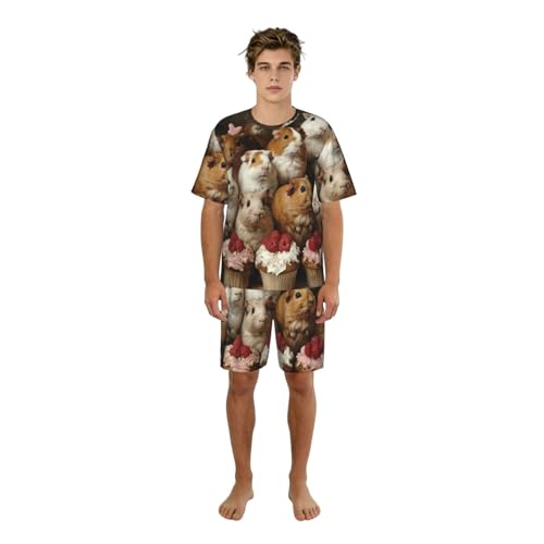 Pyjama 2 pièces homme à motif cochon d'Inde et cupcake en coton léger