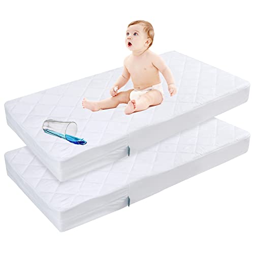 Image of Zippered Crib Mattress Protector - Waterproof Crib Mattress Encasement, Breathable and Absorbent, 6 Sides Fully Encased Cover, 2 Pack, Microfiber