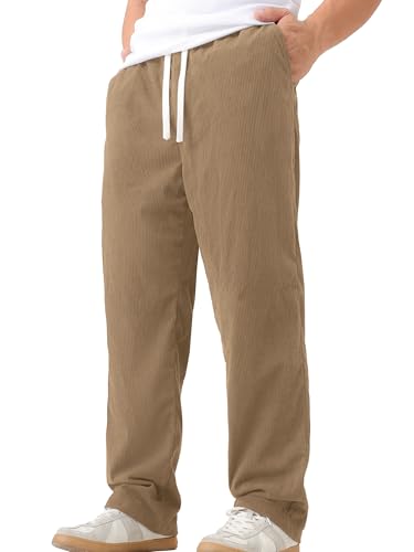 Mens Casual Corduroy Pants Lightweight Elastic Waist Drawstring Pants Straight Baggy Pants with Pockets