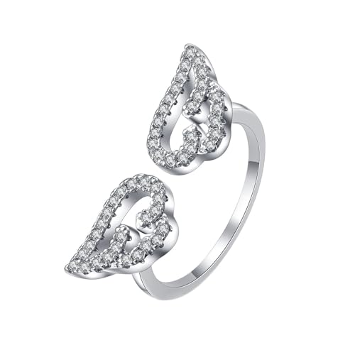 Image of Homxi Wedding Bands for Women White Gold 9 ct, Hollow Wing with Moissanite, Eternity Rings for Women Silver Size U 1/2