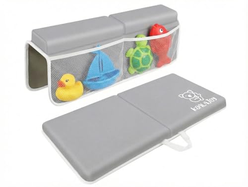 Image of KoalaJoy Premium Baby Bath Kneeler & Elbow Rest Pad Set – Thick Memory Foam Cushion – Non-Slip Mat with Mesh Toy Organizer – Baby Bathing Essentials for Parents – Gray