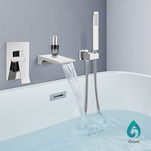 Aolemi Polish Chrome Bathtub Faucet Wall Mount 3.9" Wide Waterfall Tub Filler With Handheld Shower Solid Brass Single Handle Rough-In Valve Tub Spout #TOP1