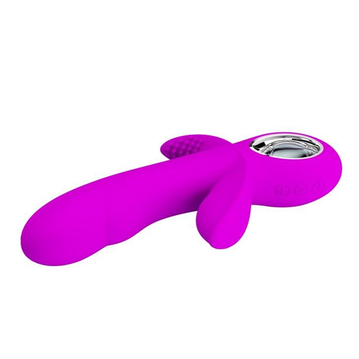 VIBRATORE VAGINALE IN SILICONE VIOLA CON DOPPIO STIMOLATORE CLITORIDE ANALE E ANELLO CROMATO RICARICABILE USB