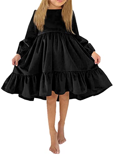 Ocean Plus Mädchen Herbst Langarm Swing Kleid Wildleder Party Rüschenkleid Kinder Prinzessin Kleid (M (135-140cm), Schwarz) Cover
