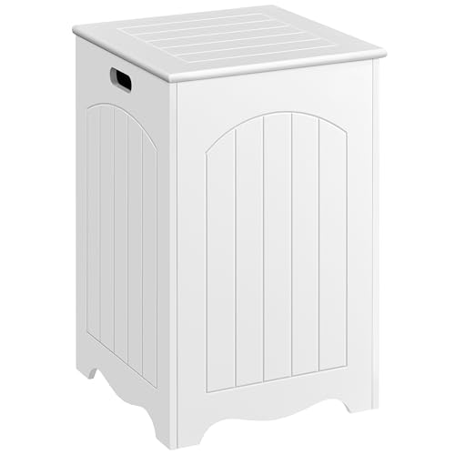 Costoffs Laundry Bin Basket, Wooden Bathroom Organizer Hamper with Lid for Bathroom Laundry Room, White, 40 x 40 x 61cm