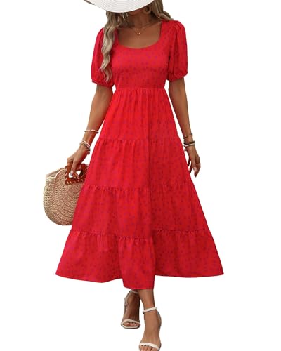 BTFBM Women's Boho Summer Dresses Short Sleeve Floral Print Smocked Tie Back Tiered A-Line Flowy Cruise Vacation Dress(Leopard Red, X-Large)