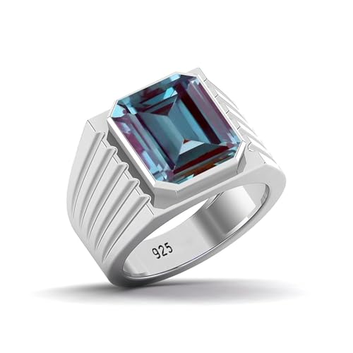 925 Sterling Silver Emerald Cut Alexandrite Ring For Men Statement Ring Color Chang Alexandrite Ring Best Gift For Him June Birthstone Signet Ring (Rose Gold) size N (7)