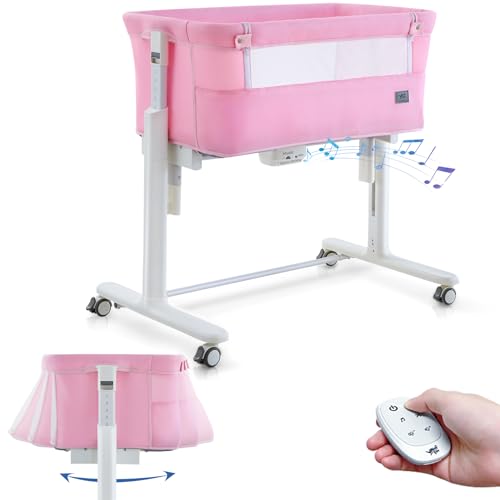 Image of VaVaSoo Rocking Bassinet for Baby Automatic Bedside Bassinet Pink Electric Baby Cradle 5 Heights Adjustable Bedside Sleeper for Infant Smart Auto Rocking Crib for Girl 3 in 1 Baby Bassinet on Wheels