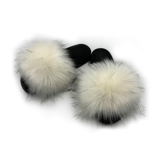 Image of Women's Faux Fur Slides Slippers Fluffy Fuzzy Sandals Open Toe Furry Slide Flip Flop Indoor Outdoor