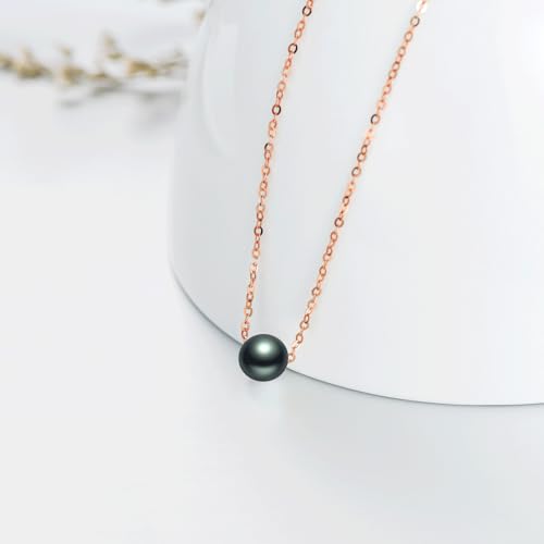 14K Solid Gold Tahitian Black Pearl Necklace, 9-10mm Round Cultured Black Pearl Pendant, Floating Pearl Choker Necklace for Women3