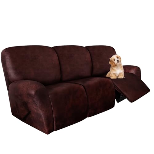 molasofa Recliner Sofa Covers - 8 Pieces Stretch Leather Like Large Couch Covers for 3 Seats Reclining Slipcovers Soft Jacquard Pattern Furniture Protector with Elastic Bottom (Red)