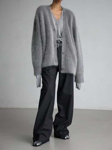 Image of chouyatou Women Furry Open Front Cardigan V-Neck Loose Casual Fluffy Knit Button Down Sweater Coat