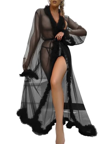PARUPRUP Women's Sheer Mesh Robe See Through Lingerie Feather Trim Kimono Floor Length Dressing Gown Flared Sleeves Bathrobe Bridal Fluffy (UK, Alpha, One Size, Regular, Regular, Black)