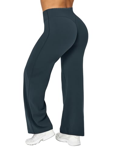 Ieumaz Women Straight Leggings Bottoms High Waist Gym Workout Leggings Stretch Casual Wide Leg Yoga Pants Dark Blue